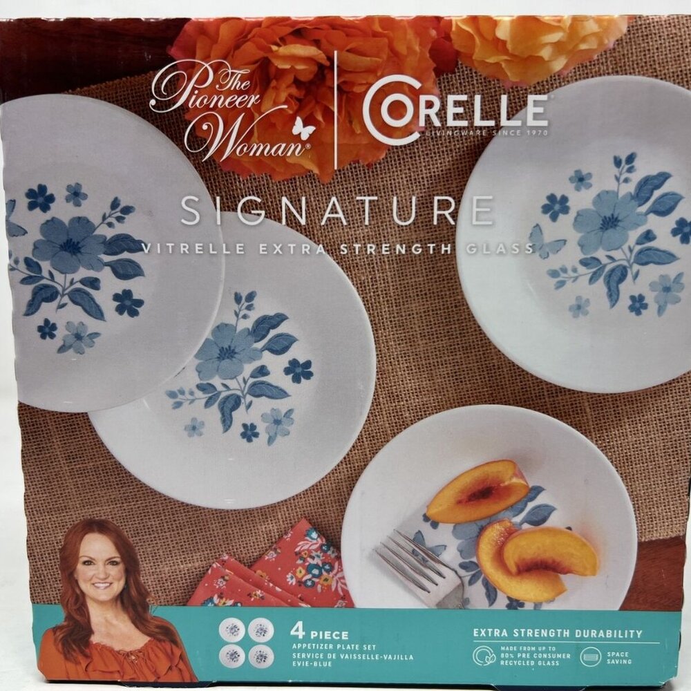 Pioneer Woman Corelle Evie Blue 4Pc Set Appetizer Plate Dessert Melamine White